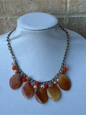 Gold-Tone Orange Agate Pendant Statement Necklace